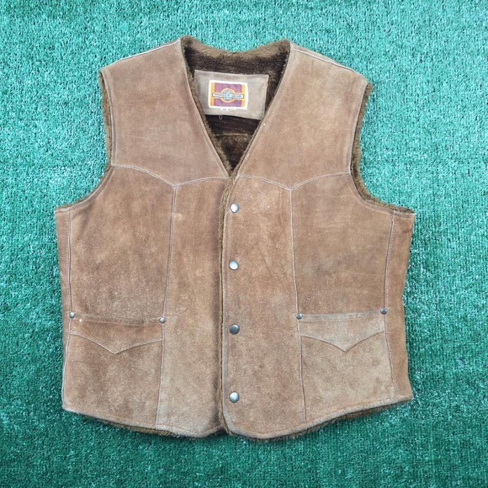 Vintage Pioneer Wear Tan Suede Leather Western‎ Vest Faux Fur Lined Mens Size 42